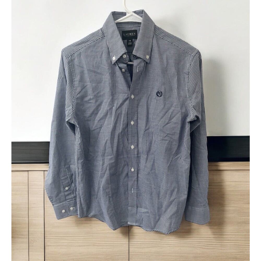 Ralph Lauren Button‎ Down Collar Shirt Boys SIZE 16 Blue Gingham Classic Preppy